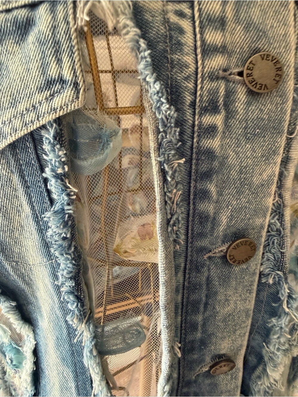 Revert NEW Light Blue Denim Jacket with Sheer Floral Embroidered Sleeves SEQUINS - Picture 15 of 16